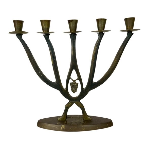 Vintage Brass Shabbat Sabbath Menorah Candleholder Grapes Hebrew Script Israel - Picture 3 of 11